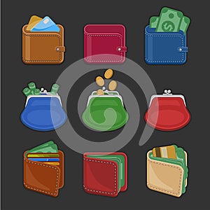 Collection of various open and closed purses and wallets with money, cash, gold coins, credit cards. Set of finance symbols