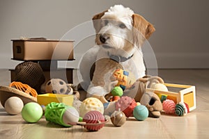 collection of various pet toys and accessories, including balls, chew toys and treats