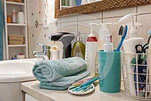 Various props in the bathroom background