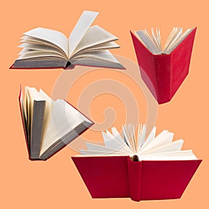 collection of various red books isolated on orange background. each one is shot separately