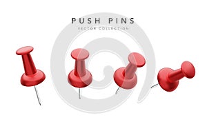 Collection of various red push pins isolated on white background. Set of thumbtacks. Top view. Close up. Vector illustration
