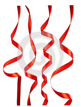 Collection of various red ribbon pieces on white background. each one is shot separately