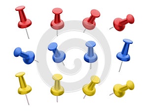 Collection of various red, yellow and blue push pins isolated on white background. Set of thumbtacks. Top view. Close up. Vector