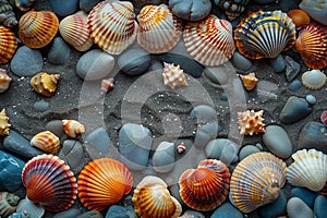Collection of various seashells lying on the sand at the beach