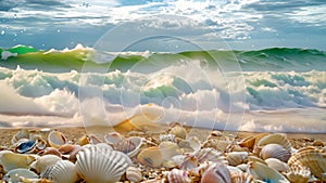A collection of various seashells lying on the soft sand of a beach, Waves crashing on a sandy beach filled with seashells