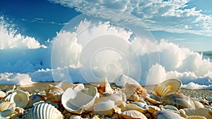 A collection of various seashells scattered on a sandy beach, as a wave rolls in towards the shore, Waves crashing on a sandy