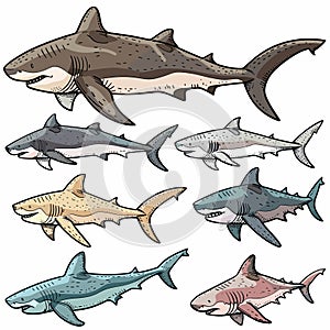 Collection various shark species illustrations, marine life diversity, shark identification chart