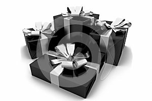 Collection of various sized gift boxes wrapped in a shiny black paper and a silver ribbon and bow on isolated white background. 3d