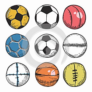 Collection various sports balls sketch style drawings. Handdrawn illustrations include soccer