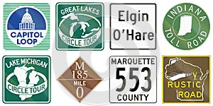 Collection of various themed highway shields in the US