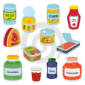 Collection of various tins canned goods food metal container grocery store and product, storage, aluminum flat label