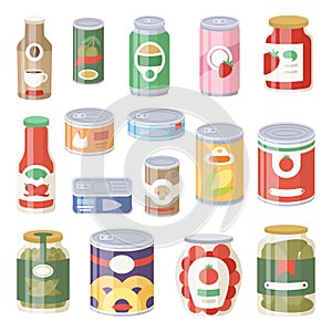 Collection of various tins canned goods food metal container grocery store and product storage aluminum flat label