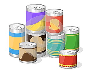 Collection of various tins canned goods food metal container grocery store and product storage aluminum flat label canned conserve photo