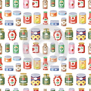 Collection of various tins canned goods food metal container product seamless pattern vector illustration.