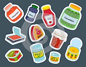 Collection of various tins canned goods food metal container product vector illustration.