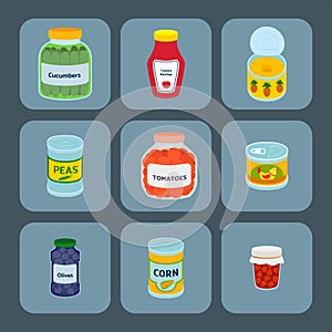 Collection of various tins canned goods food metal container product vector illustration.