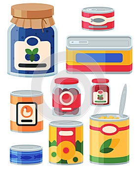 Collection of various tins canned goods food metal and glass container