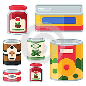 Collection of various tins canned goods food metal and glass container vector illustration.