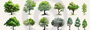 Collection of various tree illustrations showcasing different species and shapes in a botanical study