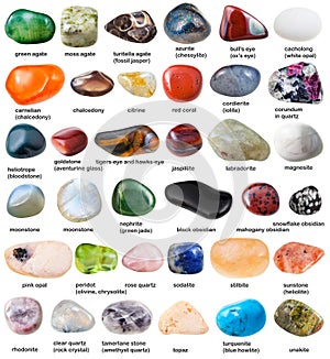 Collection of various tumbled gemstones with names photo
