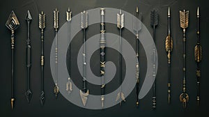 A collection of various types of arrows stuck to a wall