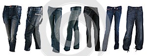 Collection of various types of blue jeans trousers