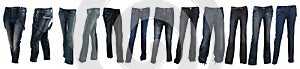 Collection of various types of blue jeans trousers