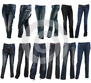 Collection of various types of blue jeans trousers