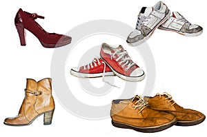 Collection of various types of footwear white background