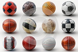 Collection of various types of sports balls displayed on a plain white surface