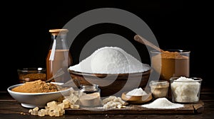 Collection of various types of sugar in bowls, top view, isolated on black