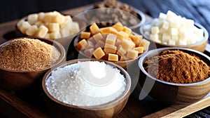 Collection of various types of sugar in bowls, top view, isolated on black