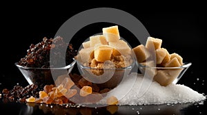 Collection of various types of sugar in bowls, top view, isolated on black