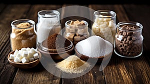 Collection of various types of sugar in bowls, top view, isolated on black