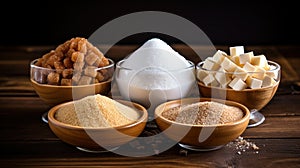 Collection of various types of sugar in bowls, top view, isolated on black