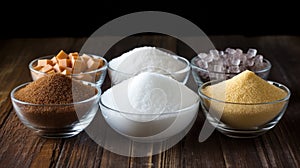 Collection of various types of sugar in bowls, top view, isolated on black