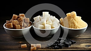 Collection of various types of sugar in bowls, top view, isolated on black