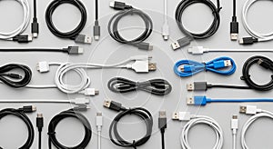 A collection of various USB cables arranged on a grey surface