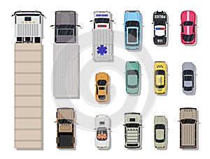 Collection of various vehicles. Top view. photo