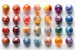 Collection of various vibrant marbles scattered on a clean white background