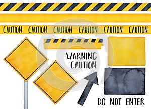 Collection of various warning signs, seamless caution tapes, text messages and attension symbols.