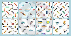 Collection Of Various Winter Sports And Outdoor Activity Equipment Patterns, Featuring Items Like Skateboards, Skis