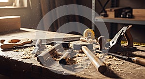Woodworking tools scattered on a workbench with sawdust