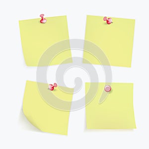 Collection of various yellow note papers with curled corner, pinned red pushbutton, ready for your message. Vector