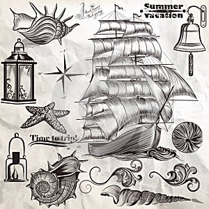 Collection of vector antique elements sea rest and summer vacation