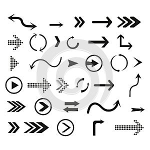 Collection of vector arrows. Black arrows cursors set icon, back, side, preview of applications or values of web design, mobile