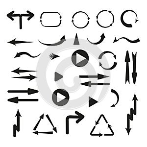 Collection of vector arrows. Black arrows cursors set icon, back, side, preview of applications or values of web design, mobile