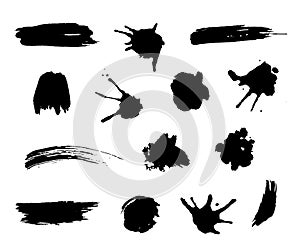 Collection of vector black ink or watercolor decorative grunge brush strokes and stains isolated on white background