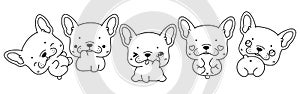 Collection of Vector Cartoon French Bulldog Dog Coloring Page. Set of Kawaii Isolated Animal Outline for Stickers, Baby