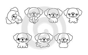 Collection of Vector Cartoon Pug Dog Coloring Page. Set of Kawaii Isolated Puppy Outline for Stickers, Baby Shower